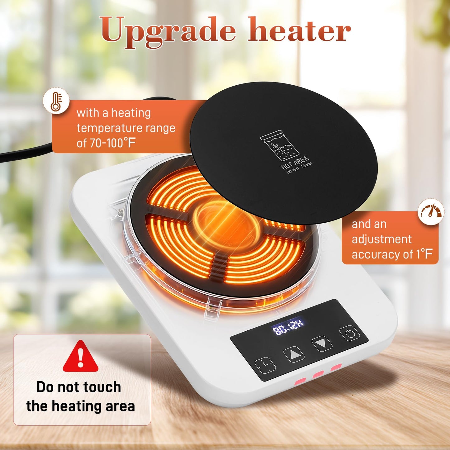 Sourdough Starter Warmer with Glass Dome, Precise 1°F Thermostat Control (70-100°F), Sourdough Warmer and Dome for Home Baking,24h Timer Auto Warming On/Off Sourdough Warming Mat（White）