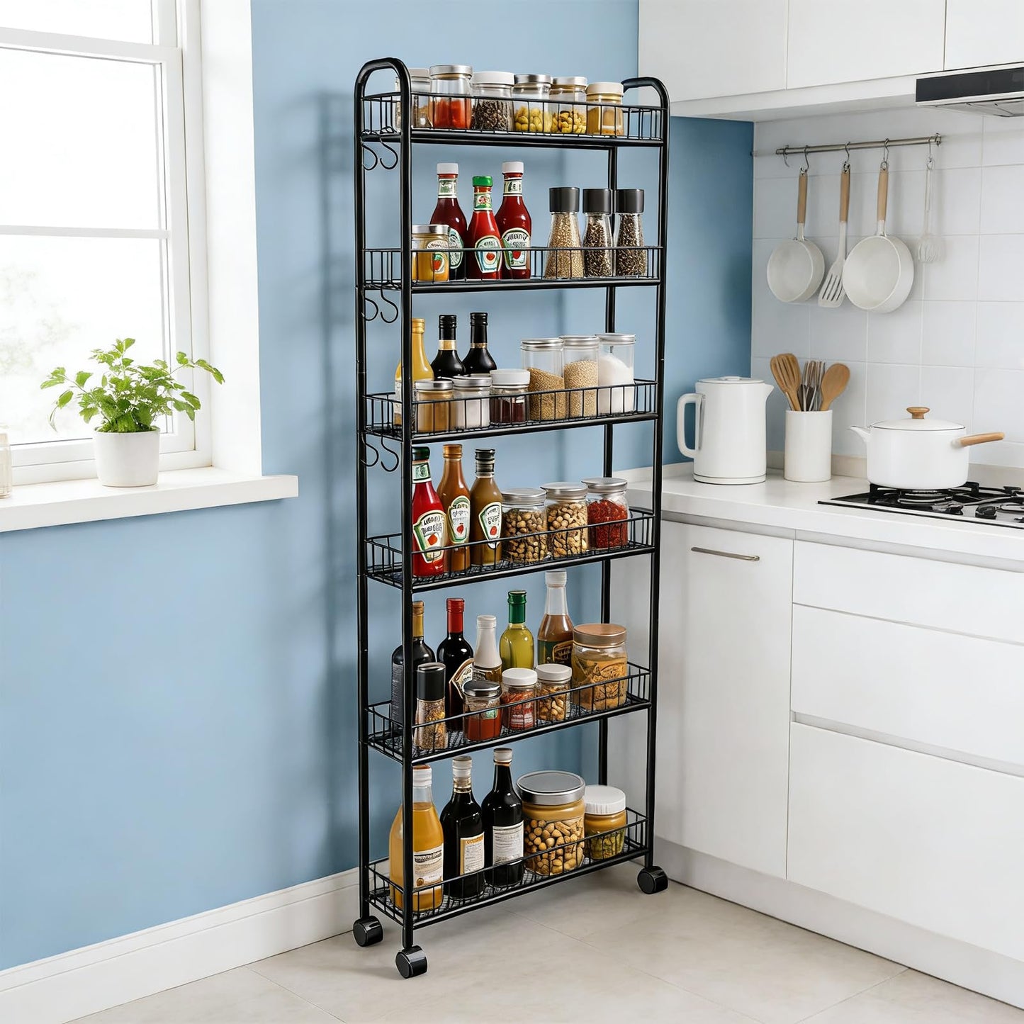 Seadasyoon 6in 6 Tier Slim Storage Cart with Wheels, Narrow Space Rolling Shelving Unit, Metal Wire Mobile Organizer Rack for Kitchen Bathroom Office Laundry