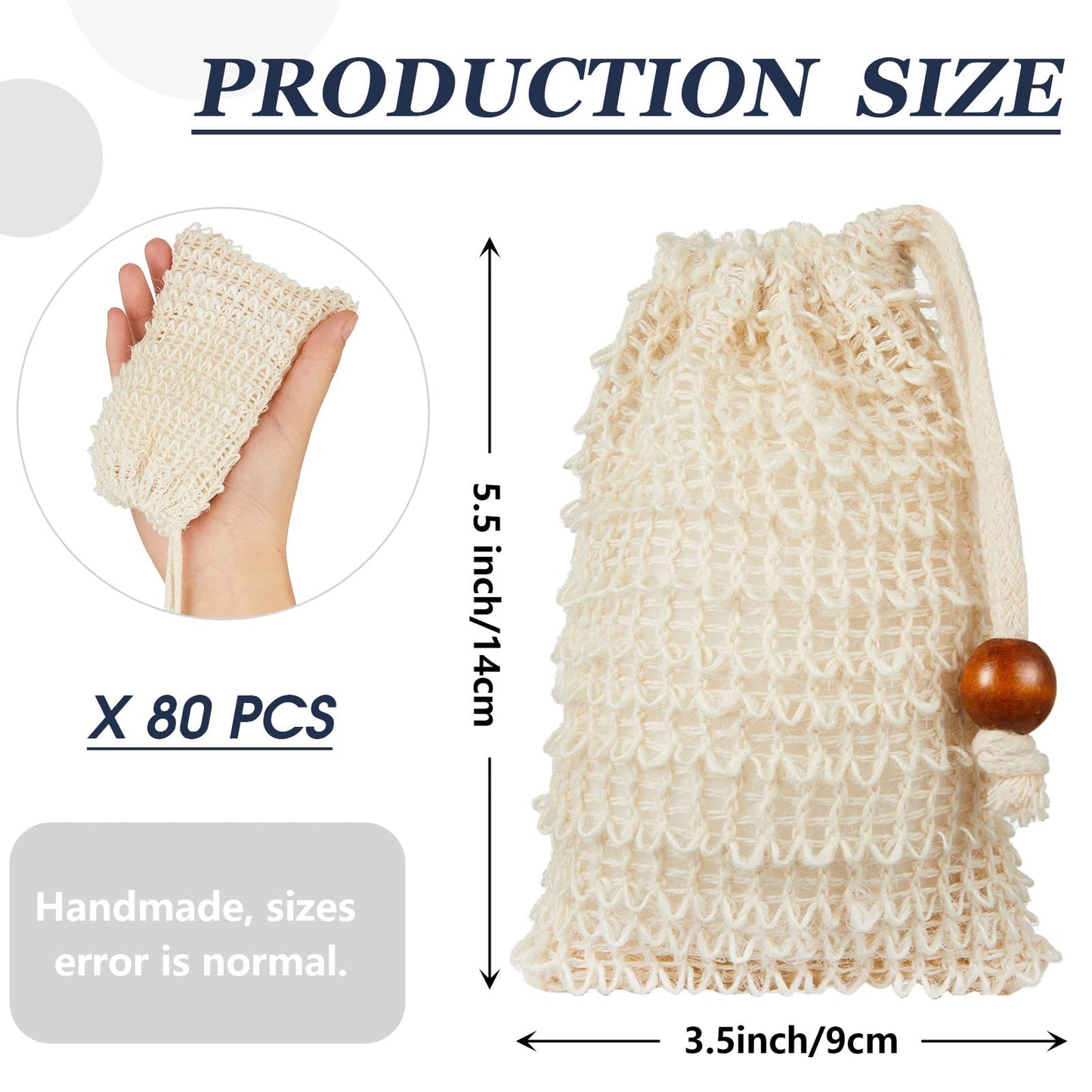 Cunhill 80 Pack Sisal Soap Saver Bag Exfoliating Soap Pouch with Drawstring Bar, Wooden Bead Foaming and Drying Exfoliating Net for Bath and Shower