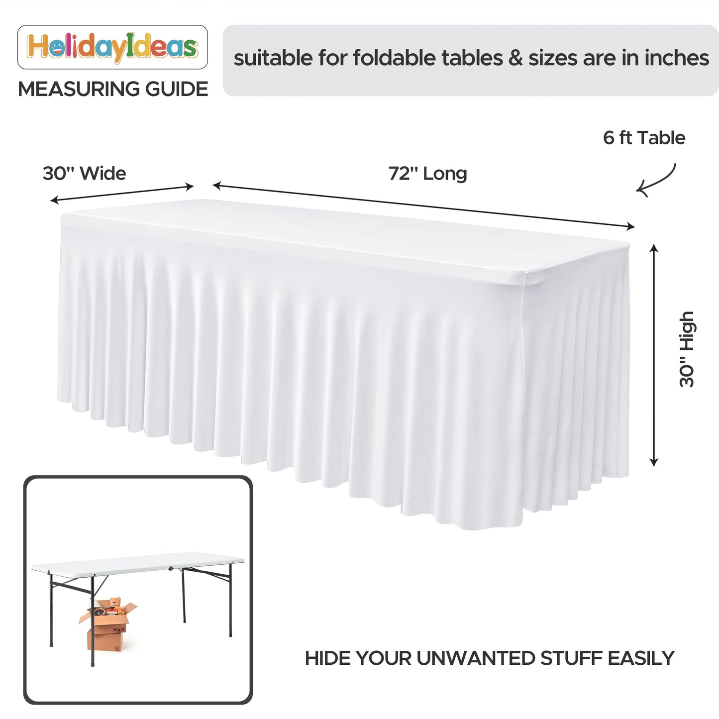 HolidayIdeas White Spandex Table Covers 6 Foot, Fitted Stretch Table Skirts 30x72 Inch, Wrinkle-Free Floor Length Polyester Tablecloths for Weddings Parties Banquets Events,2 Pack