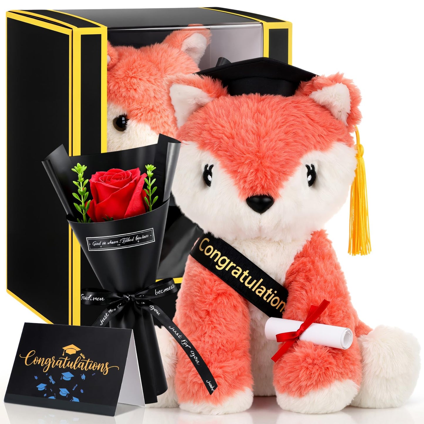 Hungdao Graduation Fox Plush Toy Gifts Set 8.6" Fox Stuffed Animal with Black Cap, Sash, Greeting Card and Artificial Rose for 2026 High School College Kindergarten Graduation Party Gifts