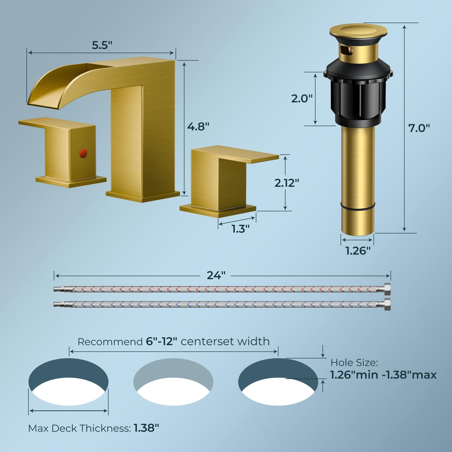 QFN Gold Bathroom Sink Faucet 3 Hole, 8 Inch Widespread Waterfall Square Bathroom Faucets with Metal Pop-up Drain and Cupc Hose Two Handle for Vanity, Lavatory Sink
