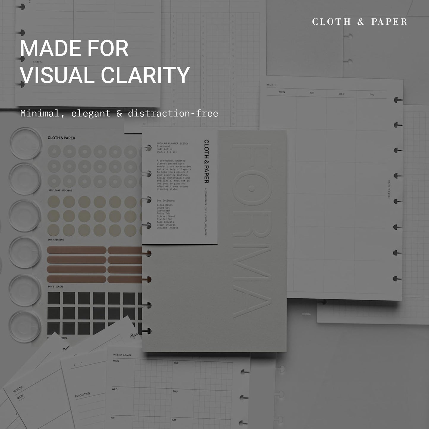 Cloth & Paper FORMA Modular Planner System – Premium Discbound Half Letter Undated Planner with Clear Discs, Covers, Dividers, Today Tab, Stickers & Inserts – Customizable Refillable Planning Organizer