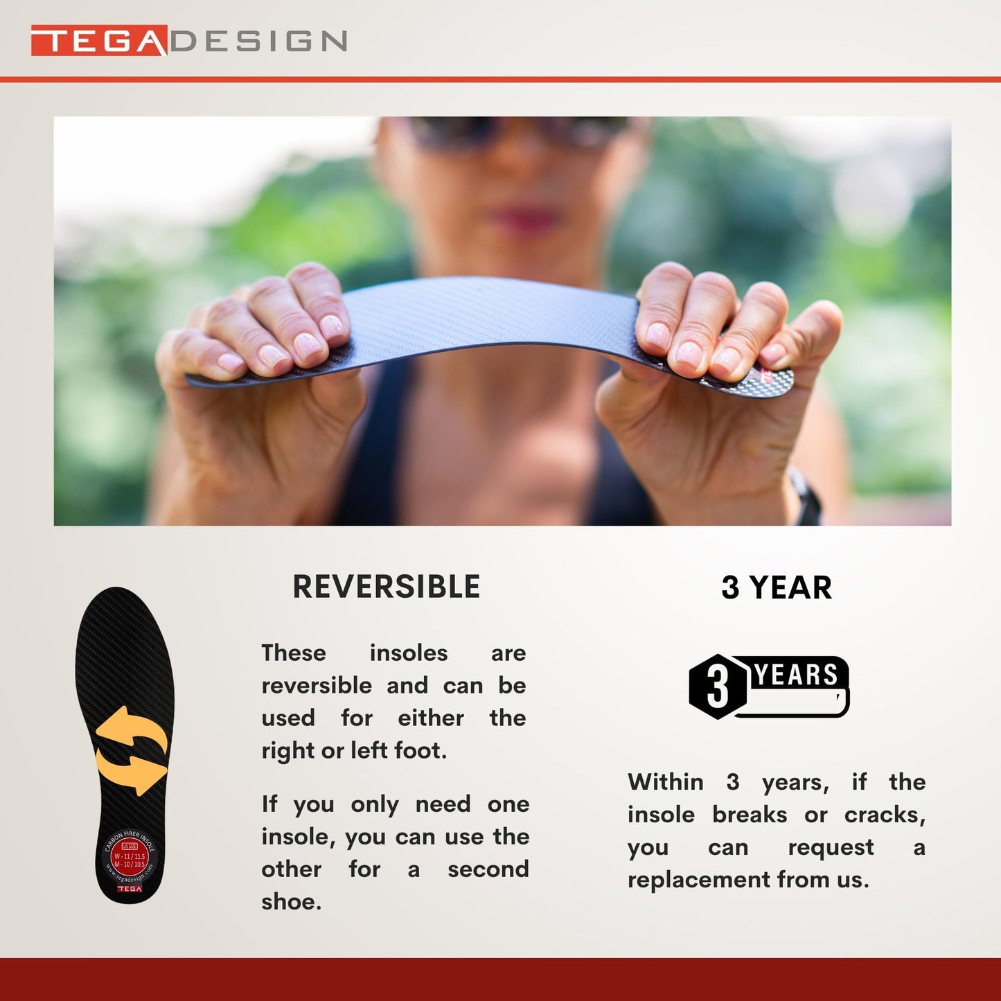 TEGA Carbon Fiber Insole (1 Pair) - for Turf Toe, Foot Fractures, Hallux Rigidus and Limitus - Rigid Shoe Insert for Sports, Hiking, Trekking, Basketball, Running - Alternative to Post Op Shoe (260mm)