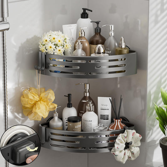 Corner Shower Caddy Suction Cup,Shower Shelves with Hooks,No Drilling Powerful Suction Bathroom Organizers and Storage,Removable Waterproof Rustproof Shower Bathroom Accessories Decor(Grey 2Pack)