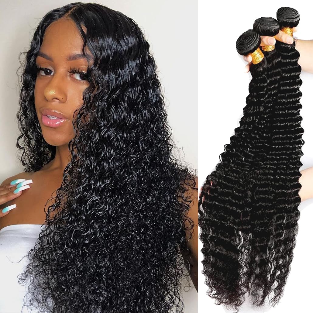 younsolo Deep Wave Bundles Human Hair 3 Bundles (20 22 24 inches) 12A Brazilian Virgin Bundles 100% Human Hair Deep Wave Bundles Deep Wavy Raw Hair Natural Black