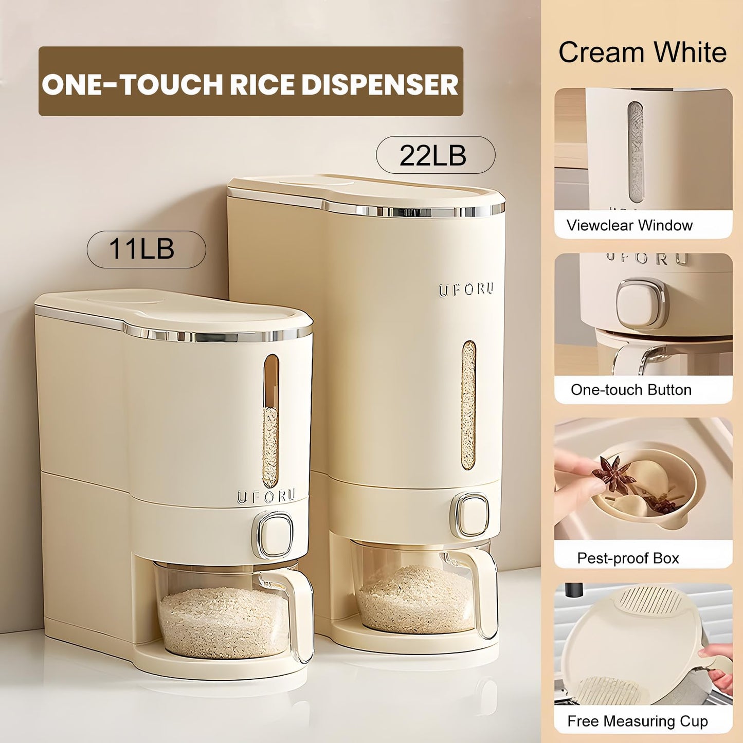 UFORU Rice Dispenser, 22 Lbs Rice Storage Container with Measuring Cup for Kitchen Pantry Household, Cereal Dry Food Storage Containers Airtight, Sealed Moisture Proof, Cream White