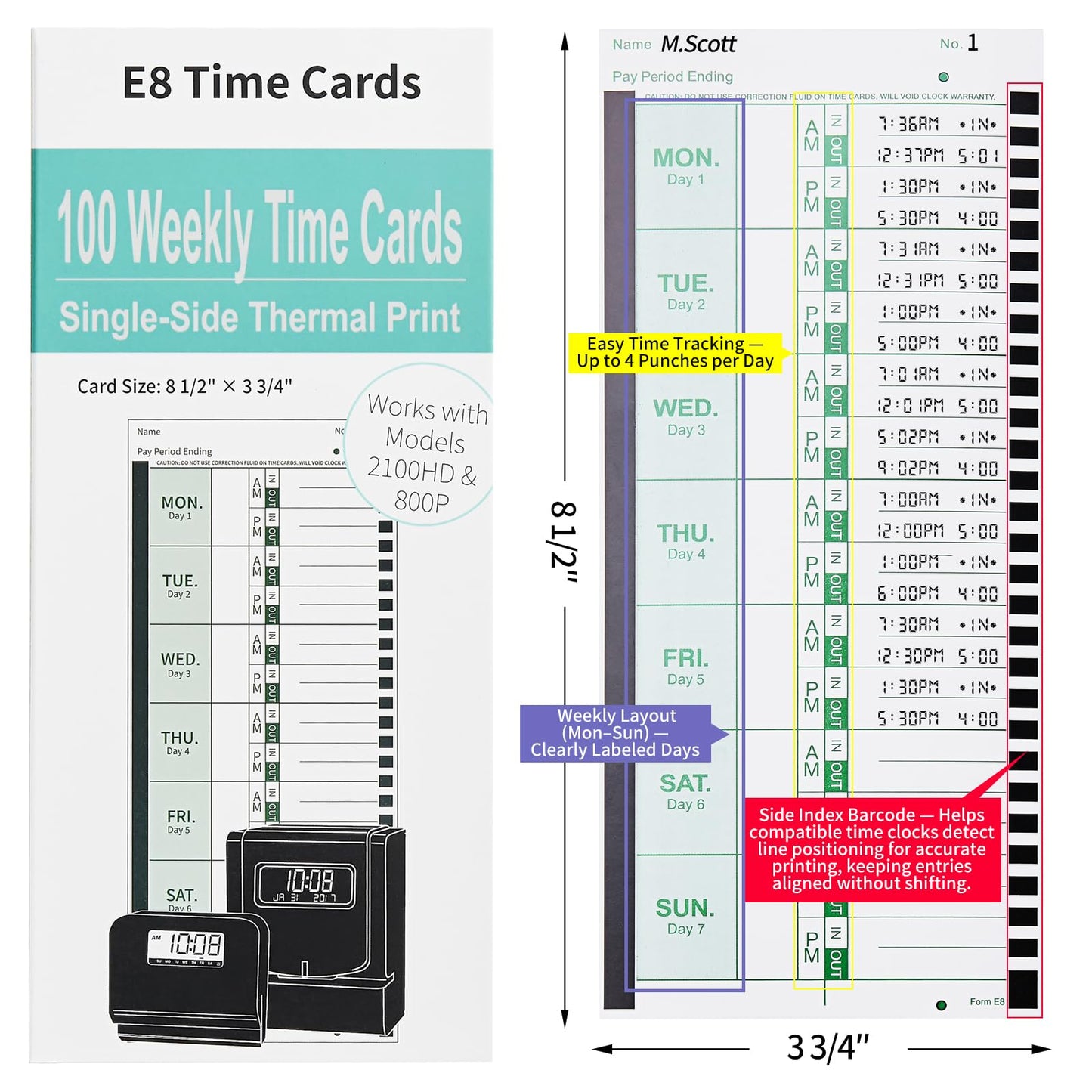 600 E8 Weekly Thermal Time Cards for Employees – Compatible with Lathem 2100HD & 800P Time Clocks – Time Card Pack, Single-Sided with Named Days (600-piece Pack)