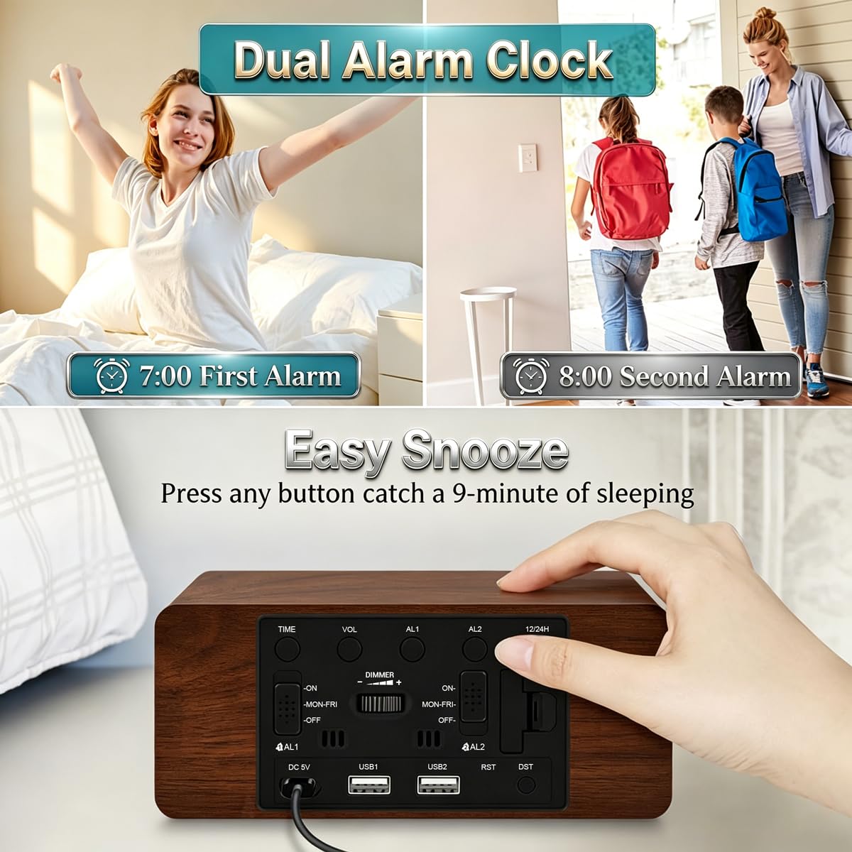 Andoolex Wooden Digital Alarm Clock with Wireless Charging, 0-100% Adjustable Brightness Dimmer and Alarm Volume, Weekday/Weekend Mode, Dual Alarm, Snooze, 12/24H, Wood LED Clock for Bedroom (Brown)