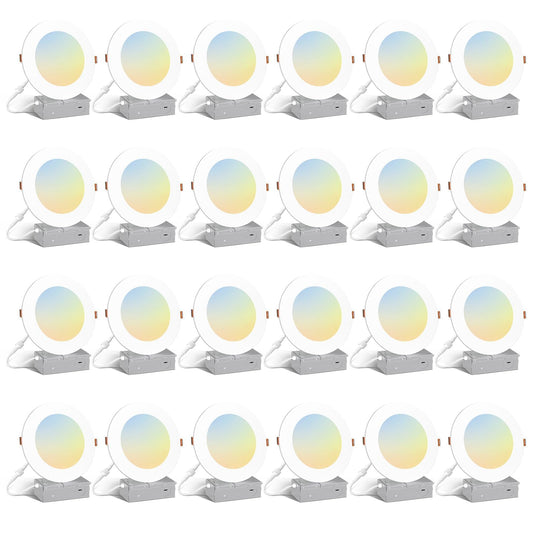 Amico 24 Pack 6 Inch 5CCT Ultra-Thin LED Recessed Light with Junction Box, 2700K/3000K/4000K/5000K/6000K Selectable, 1000LM Brightness, Dimmable Canless Wafer Downlight, 12W Eqv 110W-ETL&FCC