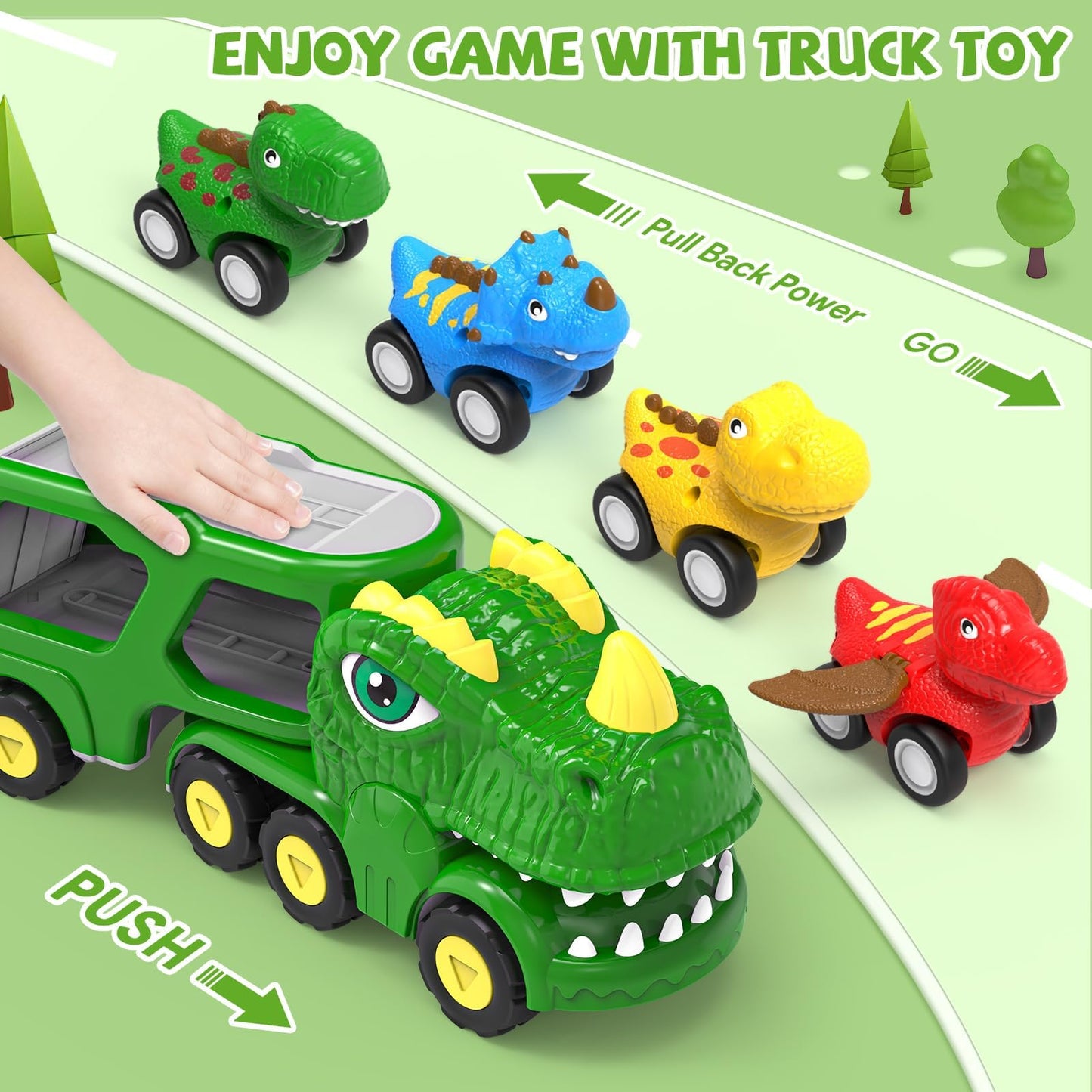 HEGUD Toddler Car Toys for 1 2 3 4 5 Year Old Boy, 5-in-1 Dinosaur Vehicle Trucks Toys for Toddlers 1-3 with Sounds & Lights Toys for Boys 4-7 Toys for Age 2-4 Dinosaur Toys for Kids 3-5