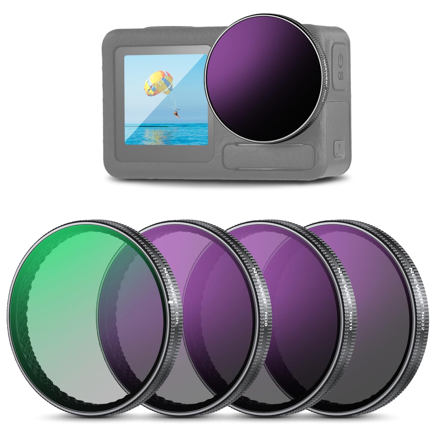 NEEWER Snap On ND Filter Set Compatible with DJI Osmo Action 3/4/5 Pro, 4 Pack ND8+ND16+ND32+CPL Neutral Density Polarizing Action Camera Accessories, Multicoated HD Optical Glass, FL-A76