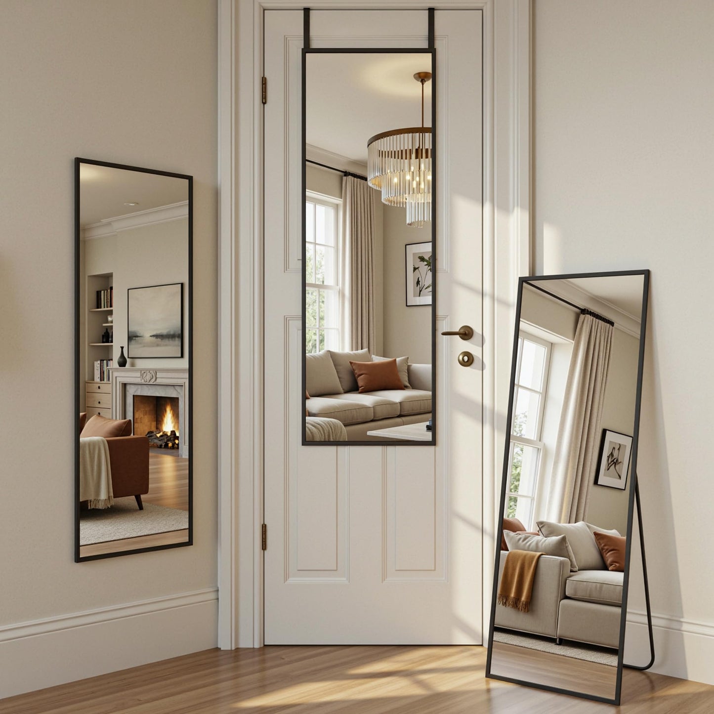 Antok 48''x 14'' Full Length Mirror Over Door, 4-in-1 Standing Leaning Wall Mounted, Adjustable Hanging Mirror for Bedroom Living Room, Black, Rect Corner