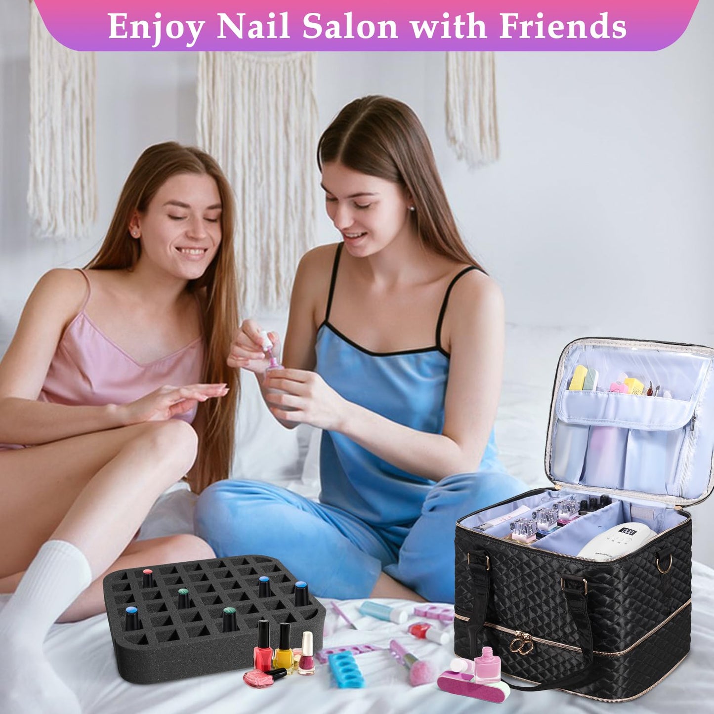 YUYAFN Nail Polish Organizer Case - Holds 84 Bottles Nail Polish & Nail Lamp Large Nail Polish Organizer Bag for Manicure Tools, Nail Polish Kit (Black)