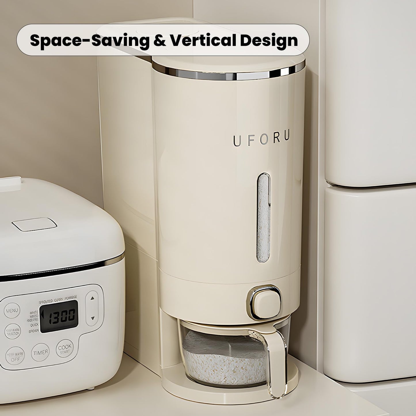 UFORU Rice Dispenser, 22 Lbs Rice Storage Container with Measuring Cup for Kitchen Pantry Household, Cereal Dry Food Storage Containers Airtight, Sealed Moisture Proof, Cream White