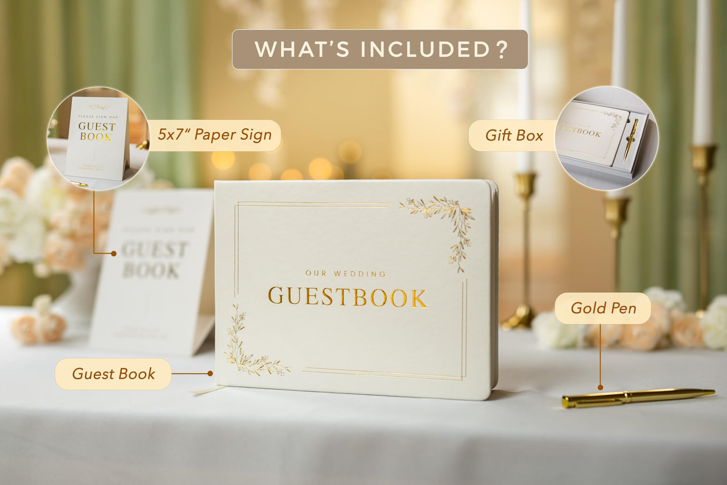 Modern Album Designs Floral Embossed Wedding Guest Book Set - 9 x 7.5 Hardcover Guestbook for Wedding Reception Sign in, Messages, Bridal Shower Engagement Party (White Cream)