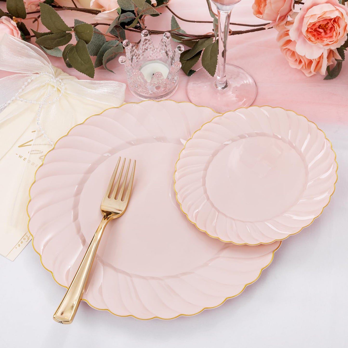 YOUBET 125Pieces Pink Plastic Plates with Gold Rim-Gold Plastic Silverware Include 25 Dinner Plates 25 Dessert Plates 75 Gold Silverwares for Wedding Birthday & Parties