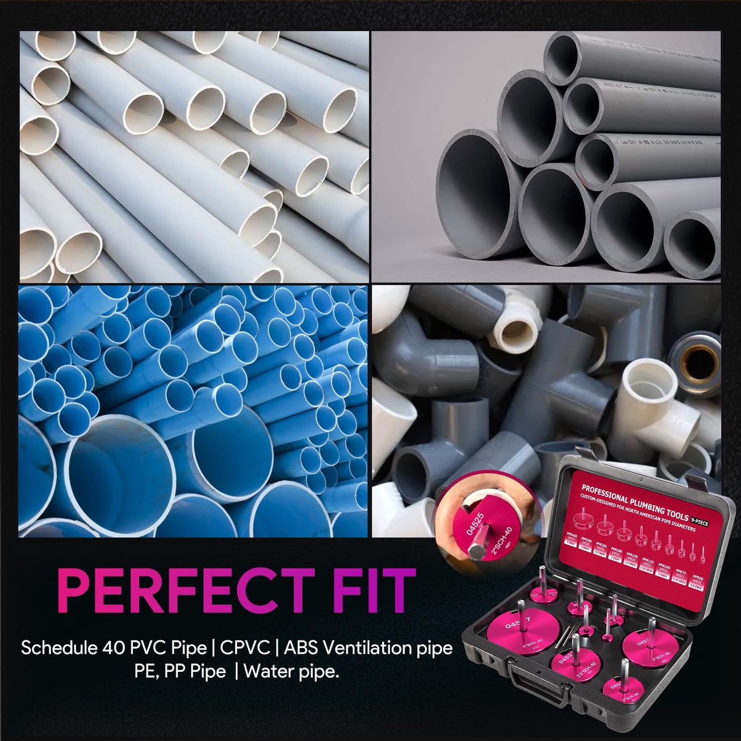 9Pcs PVC Pipe Fitting Reamer Kit - Complete Plastic Reamer Set Fits into Standard 1/2" Drills Contains 1/2", 3/4'', 1'', 1-1/4", 1-1/2'', 2'', 2-1/2", 3'' and 4'' for PVC, SCH40, ABS, CPVC