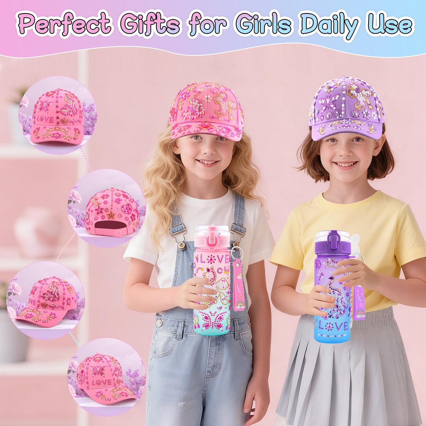 Gifts for Girls Decorate Your Own Water Bottle and Baseball Cap, Christmas Birthday Gifts for Girls 4 5 6 7 8 9 Year Old, Fun Arts and Crafts for Kids Ages 4-6, DIY Unicorn Stickers for Girl 8-10