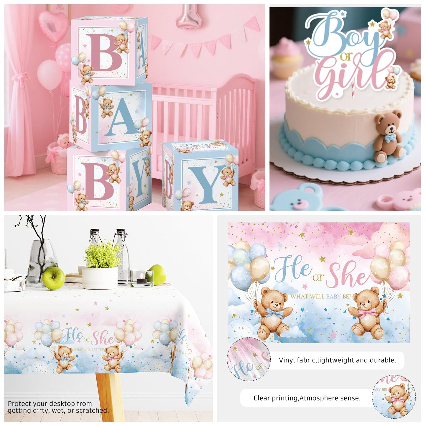 cocomigo 232pcs Bear Gender Reveal Decorations Complete Party Set, Serves 20 Guests, He or She Baby Gender Reveal Decorations, Boy or Girl Revelacion de Sexo de Bebe