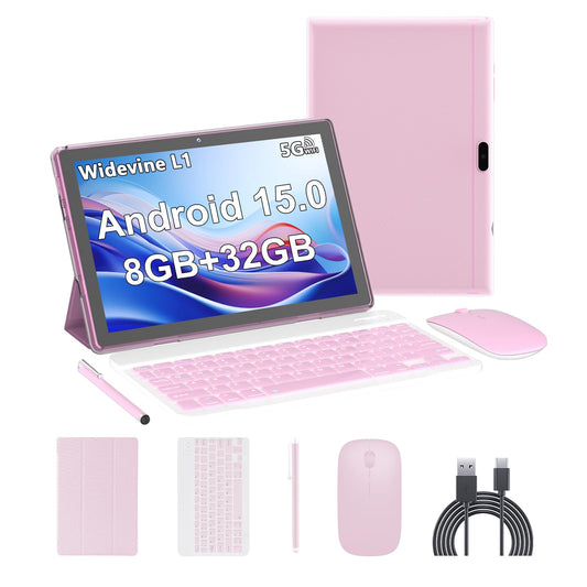 Android 15 Tablet,10 inch Tablets, 8GB RAM+32GB ROM/2TB Expandable, 2 in 1 Tablets with Keyboard Case, 1280x800 IPS Display Screen, 5G Wi-Fi6, Dual Camera, 6000mAh Battery BT5 Widevine L1 (Pink)