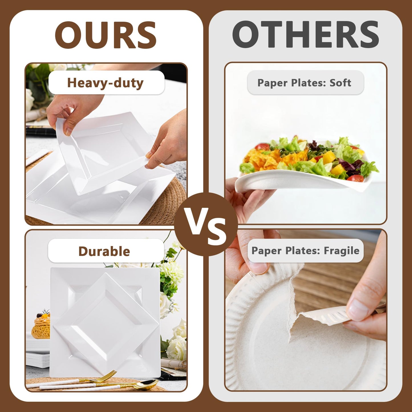 Pryntono 100 Pack White Square Plastic Plates, Includes 50 Dinner Plates 9.5" and 50 Dessert Plates 6.5", Heavy Duty Disposable Plates for Wedding, Holiday Party, Birthday, White