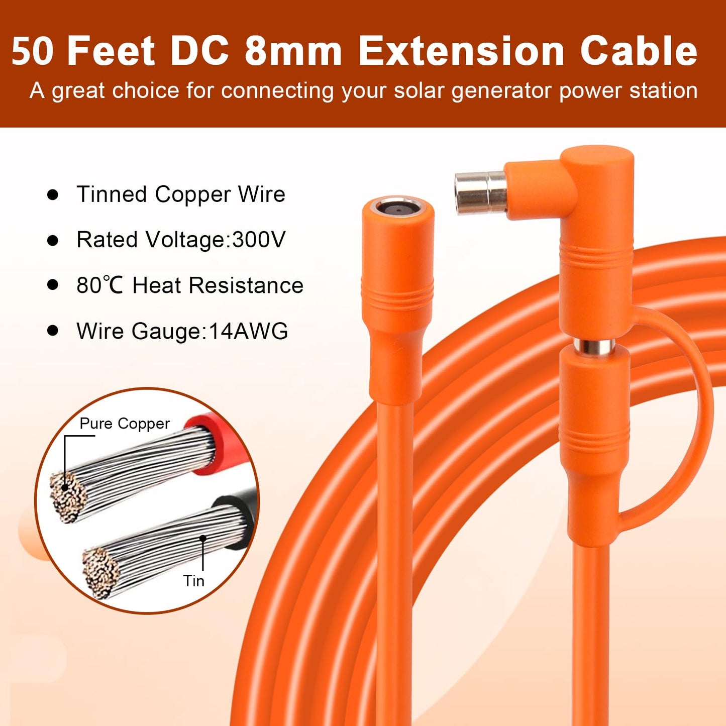MOOKEERF 14AWG DC 8mm Extension Cable for Solar Panel 50FT,DC7909 Solar Panel Cable Female to Male with DC8020 Male Adapter Compatible with Aker,GZ Yeti,BLUETT,Jackery Portable Power Station - 50 Foot