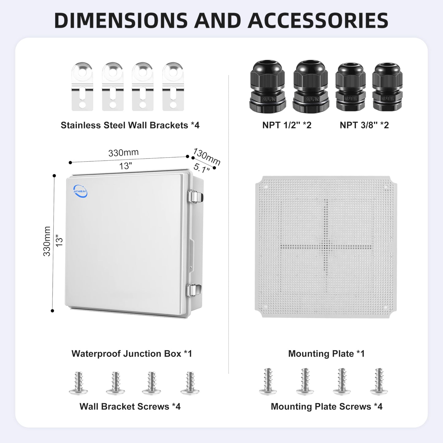 RTHIEAI Waterproof Outdoor IP67 Junction Box (13"x13"x5.1") with Mounting Plate, Hinged Grey Cover and Wall Brackets - Weatherproof ABS Plastic Electrical Enclosure for DIY Projects (330x330x130mm)