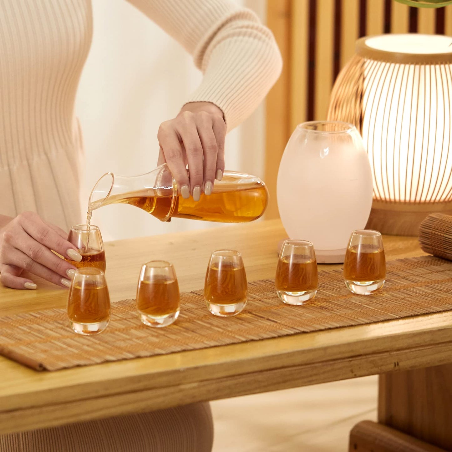 ZENS Sake Set Glasses, 8.5 Ounce Sake Carafe Cups with 6 Saki Cup Set for Warmer or Cold Japanese Wine with Stone Coaster Gift Sets