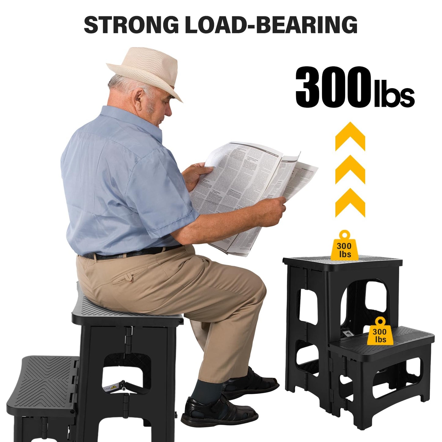 Folding 2-Step Stool for Adults, Non-Slip Collapsible Footstool for Office, Portable Bedside Step Stool, Hold up to 300 lbs, Lightweight & Foldable Step Ladder for Pool Office Home RV