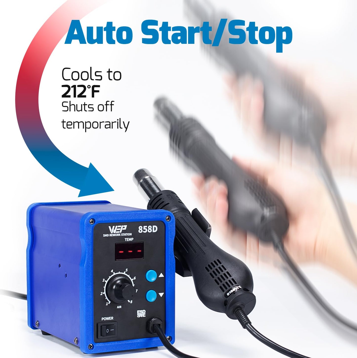 WEP 858D Hot Air Rework Soldering Station with Temperature Control, Adjustable Air Volume, Digital Display for SMD Soldering with 3 Extra Hot Air Nozzles