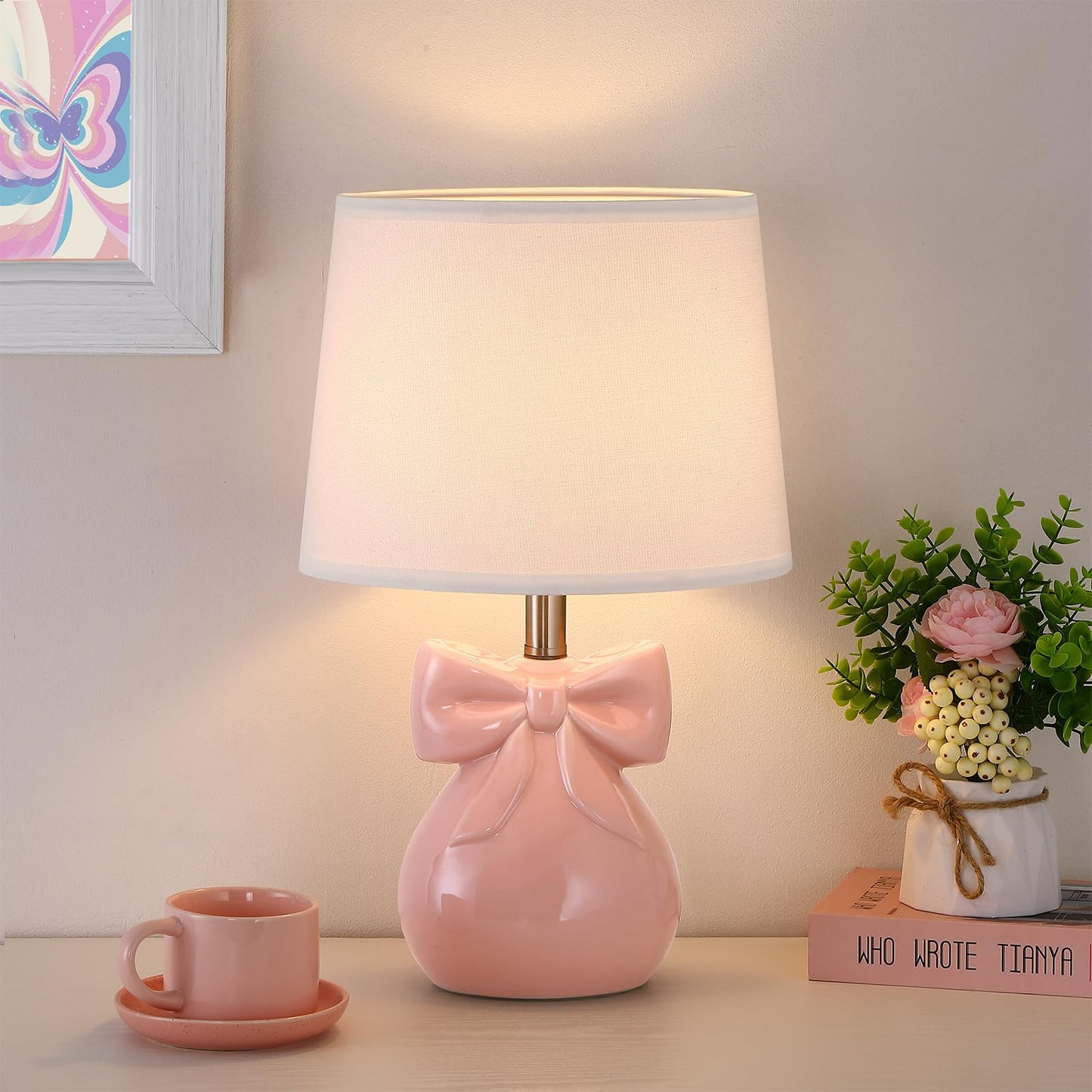 Hapcrea Pink Bow Table Lamp for Girl's Room, 19" Ceramic Cute Lamp for Bedroom, Classic Bedside Lamp for Nightstand, Modern Table Lamp for Living Room with Rotary Swtich (Bulb Included)