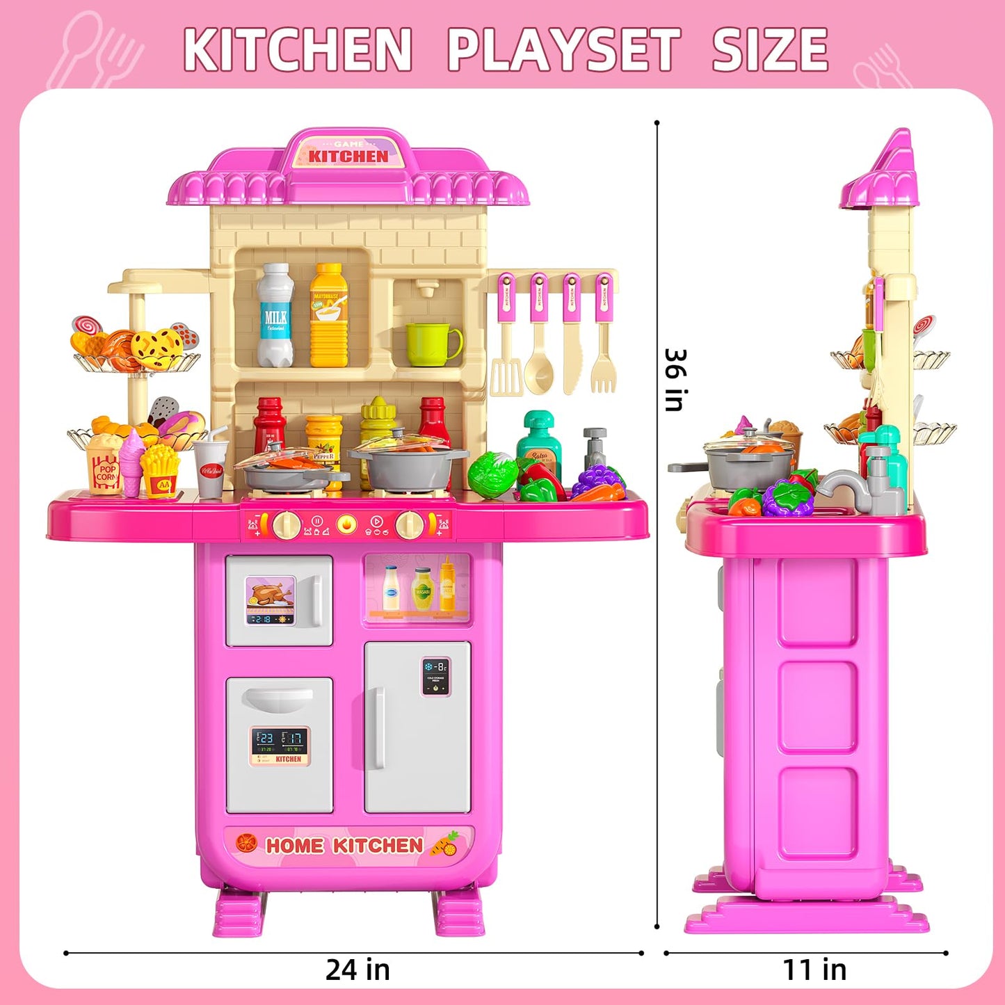 MSKOLER 36 in Kids Kitchen Playset for Ages 2-6 4-8, Play Kitchen with Light, Sound and Spraying, Sink Toy Accessories, Cooking Stoves, Pretend Food Toys for Toddlers 1-3 3-5 Boys Girls 6-12 (Pink)