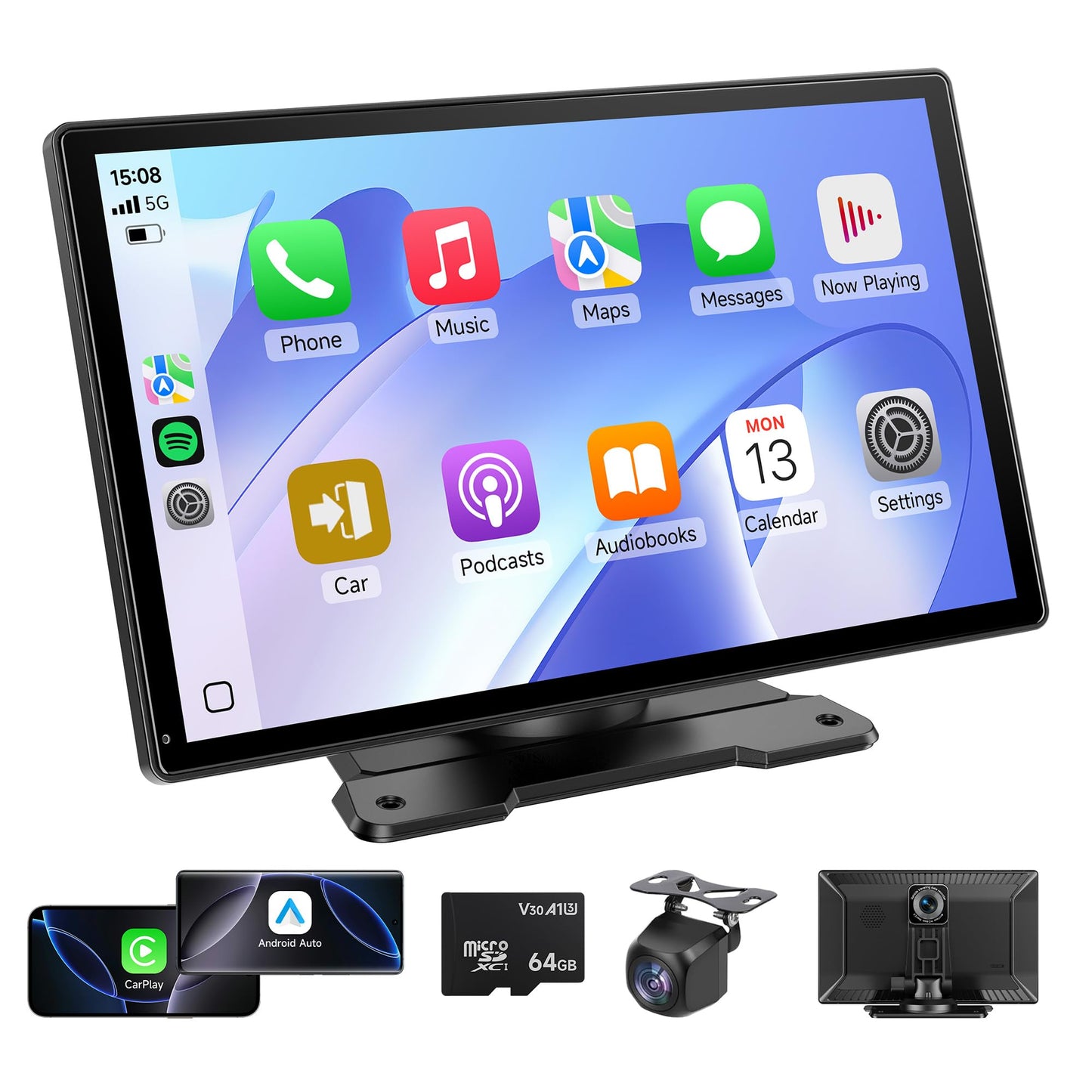 Wireless CarPlay Screen for Car, 9" Portable CarPlay & Android Auto Car Stereo Touchscreen, with 4K Dash Cam 1080P Rear Camera, Bluetooth, GPS Navigation, FM, Siri, Mirror Link