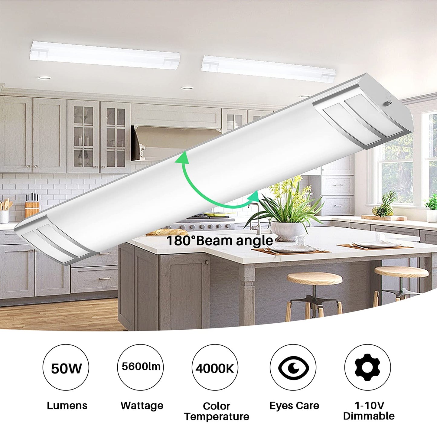 FAITHSAIL Dimmable 4FT LED Flush Mount Kitchen Light Fixtures, 50W 5600lm, 1-10V Dimmable, 4000K, 4 Foot LED Kitchen Lighting Fixtures Ceiling for Craft Room, Laundry, Fluorescent Replacement