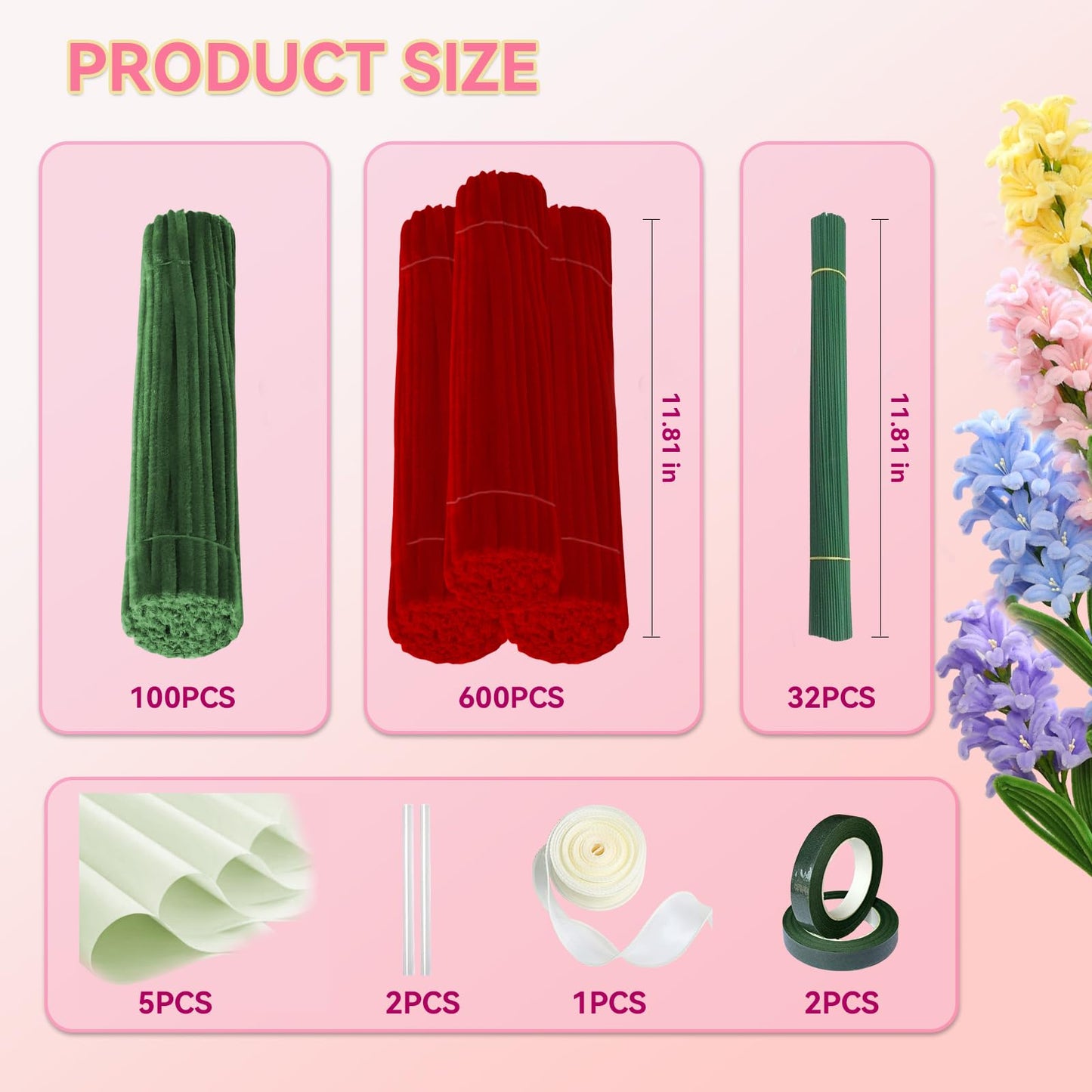 Chenille Stems Pipe Cleaners,Roses DIY Flower Bouquet Kit 700pcs(Red and Green) Flower Making Craft Materials(32Flowers),Art and Craft Supplies