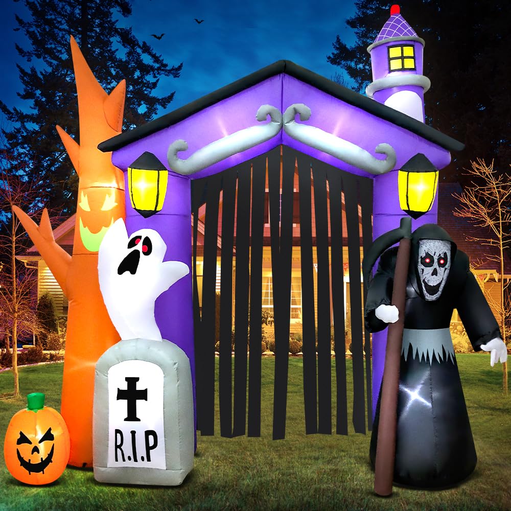 9 FT Halloween Inflatables Haunted House Castle Archway Decoration with Led Light Halloween Inflatables Outdoor Decorations Blow up Inflatables for Halloween Holiday Party Lawn Yard Garden Décor