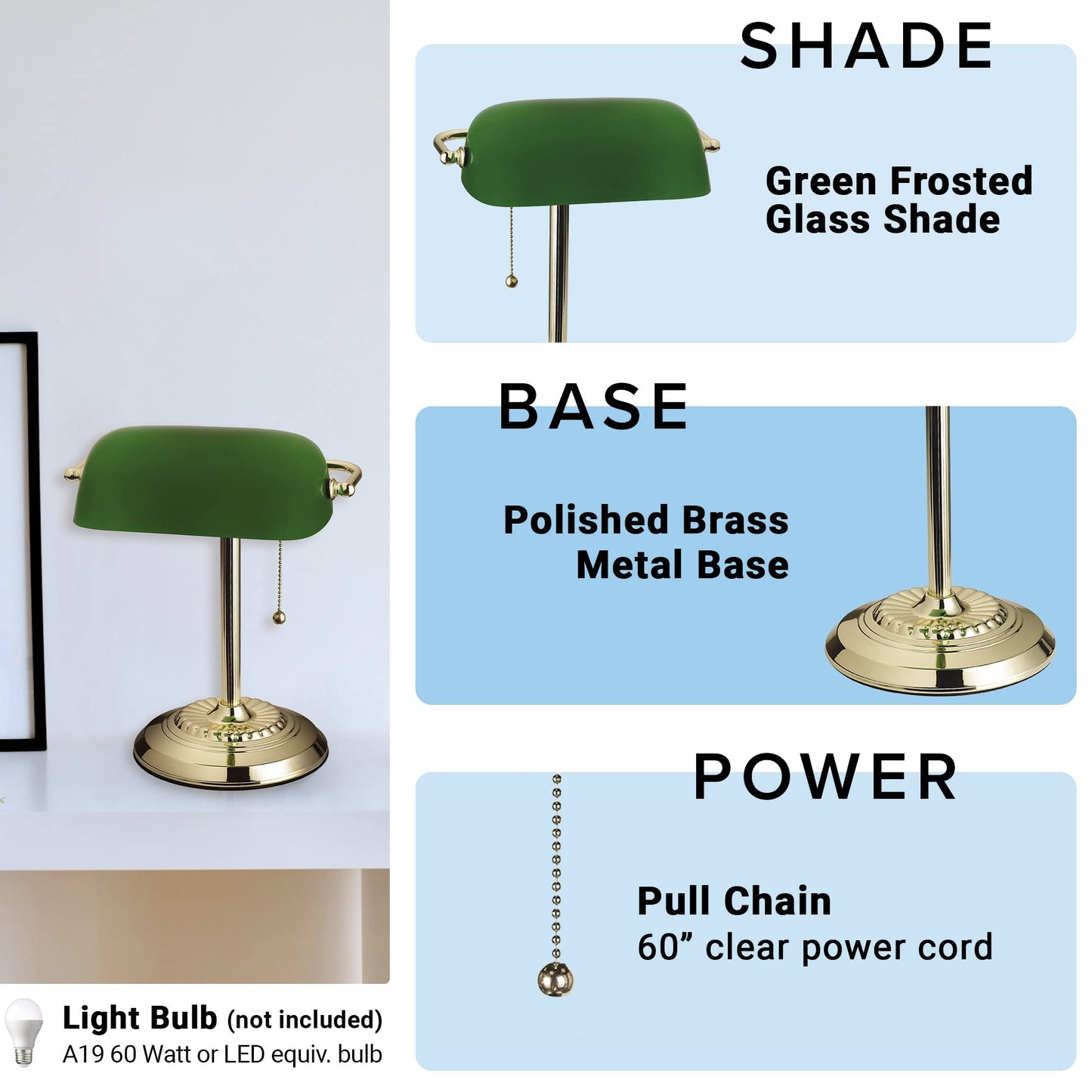 Catalina Lighting 13.5'' Traditional Banker's Lamp Light Fixture with Green Glass Cylinder Shade for Office, Library, Living Room, or Dorm, Polished Brass