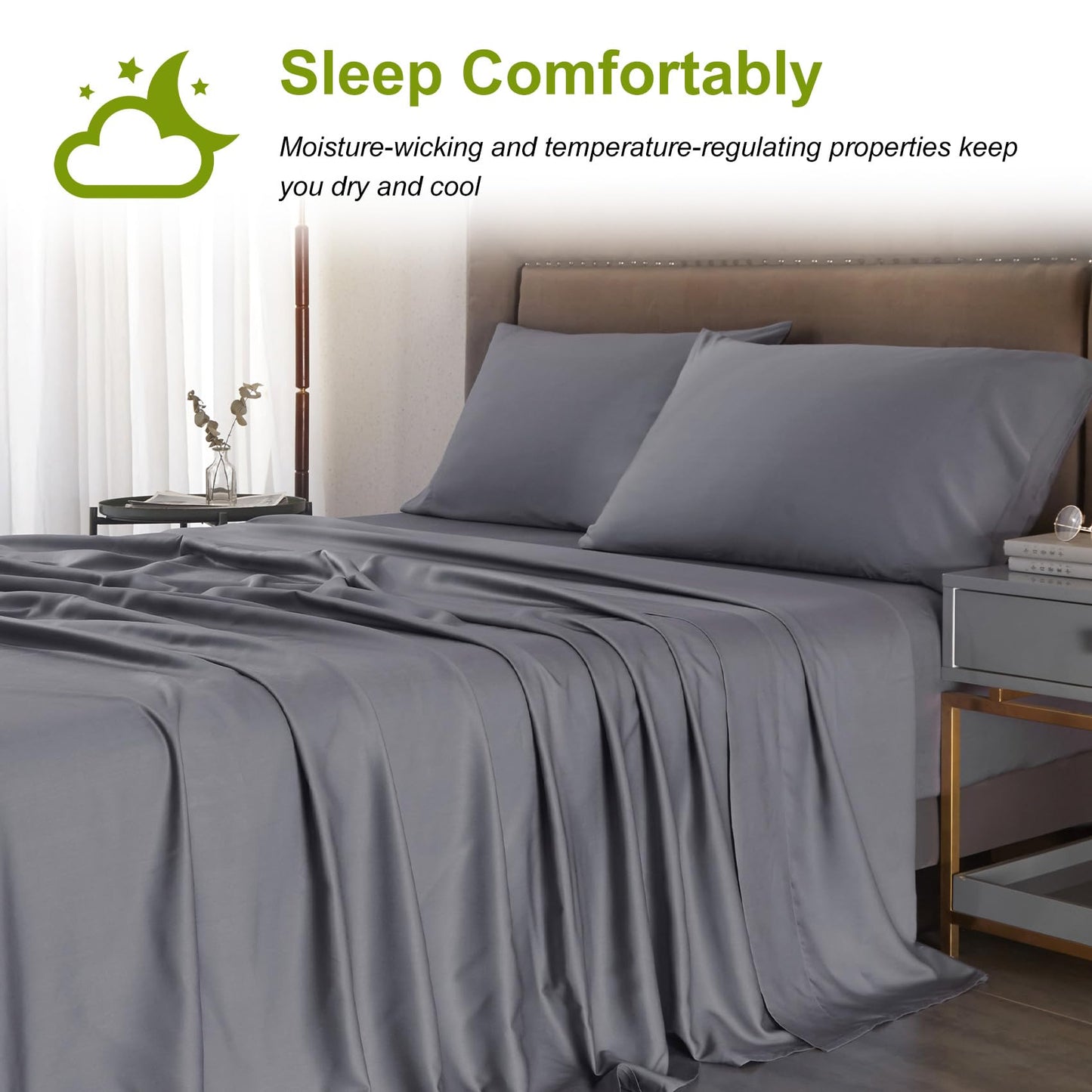 Ivellow Deep Pocket King Sheets, Rayon Derived from Bamboo, Extra Deep Pocket up to 18"-24", Hotel Luxury Cooling Sheets for King Size Bed, Silky Soft, Smooth, Breathable Bed Sheets Grey
