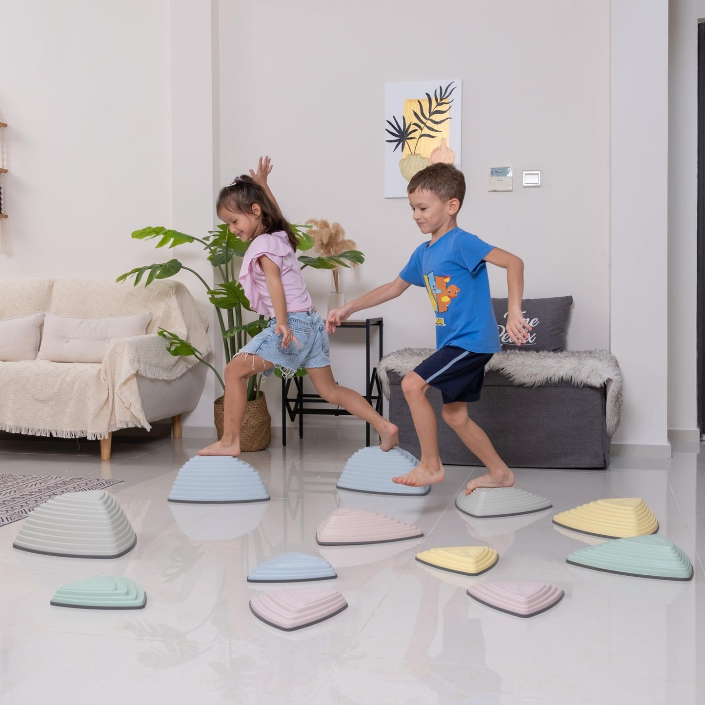 12 Pcs Non-Slip Stepping Stones for Kids – Obstacle Course, Indoor & Outdoor Sensory Playground – Develop Balance & Coordination – Includes Hopping Stickers (Calming Pastel)