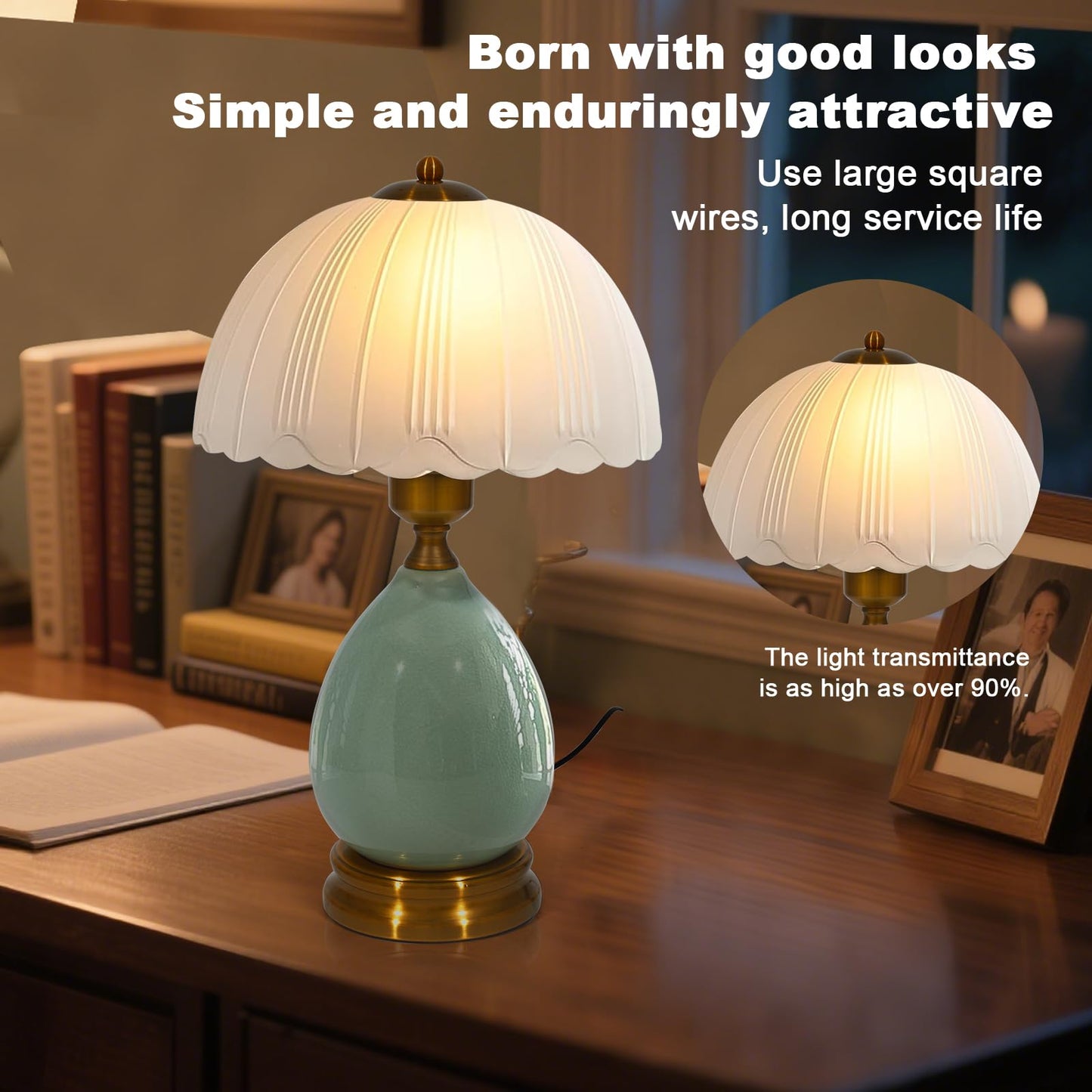 WELAISA Table Lamps Ceramic Retro Lamp for Living Room,16.73" Modern Bedside Nightstand Traditional Lamps, Classic Chinoiserie Green Glass Lamp for Home (French Country)