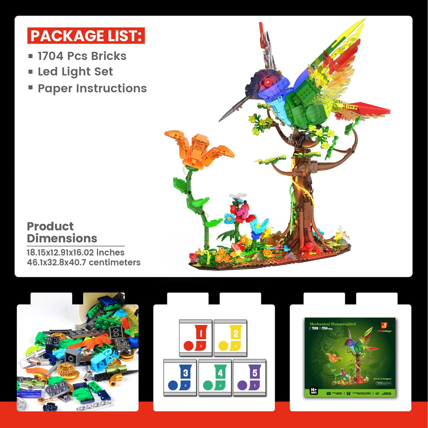 JMBricklayer Mechanical Hummingbird Building Set with LED Light, Bird Model Sets for Adults, Flower Animal Collection Toy, Art Creative Gifts, Home & Office Décor, Ideas for Women & Men Kids 14+