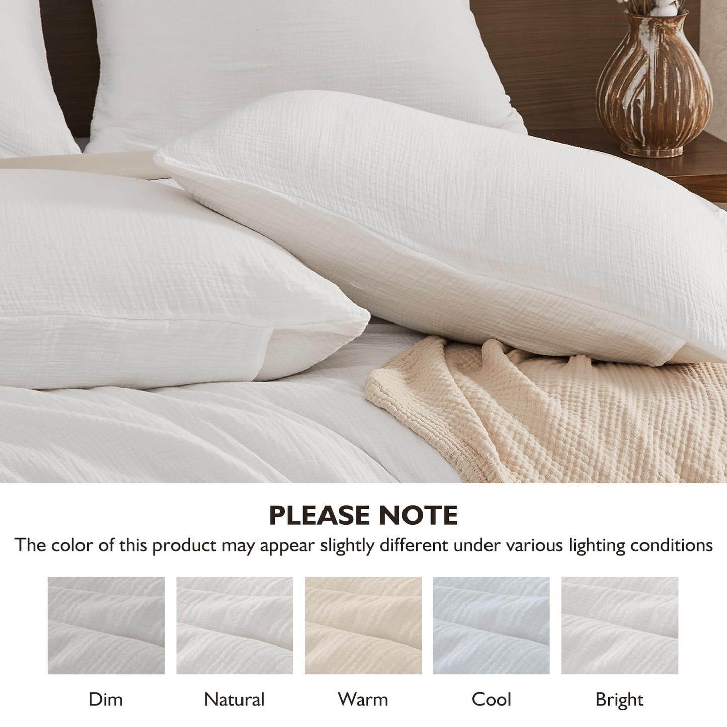 EMME Cream White Muslin Duvet Cover Queen Size, 100% Cotton Soft Gauze Bedding Set with 2 Pillowcases, Breathable Lightweight All Season Comforter Cover with Zipper & Corner Ties, 90"x90"