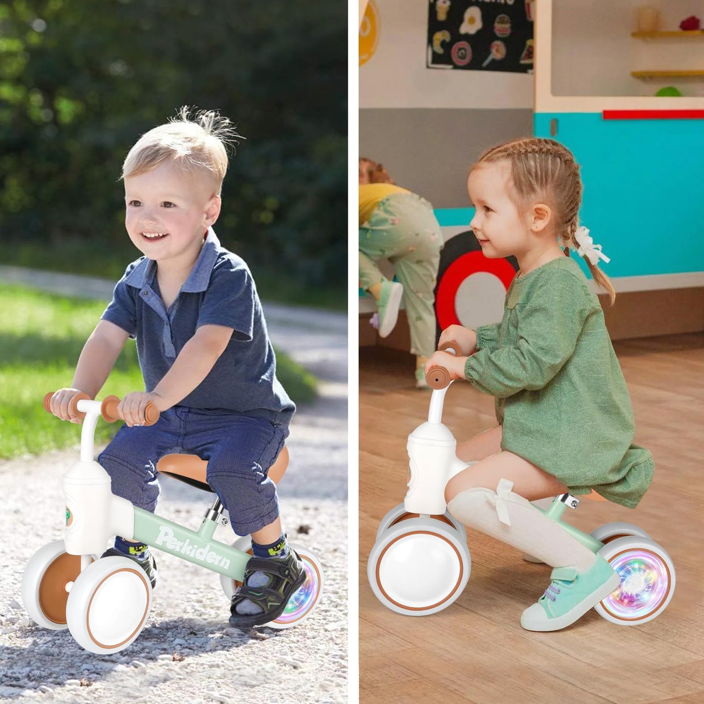 PerKidern Baby Balance Bike for 1-3 Year Old Boys Girls, 12-36 Month Toddler Balance Bike, 4 Wheels Baby Bike Toddler First Birthday Gifts (Colorful Lighting)