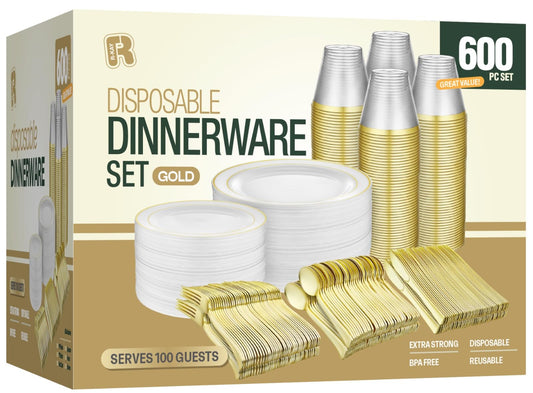 600pcs Plastic Dinnerware Set 100 Guest, Gold Plastic plates for party, Gold Party Plates Sets For 100 Guests, Wedding Plates Disposable Set Includes Also Cups, And Cutlery.