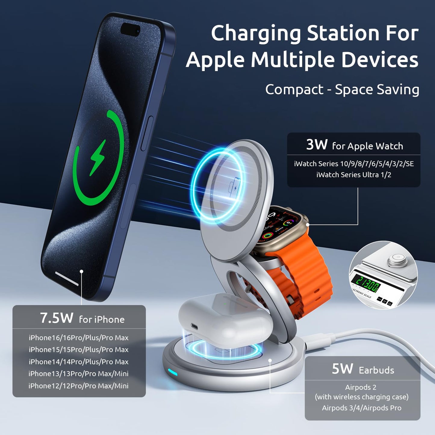 3 in 1 Charging Station for Apple Magsafe Travel Charger for Multiple Devices Aluminum Foldable Magnetic Wireless Charger with 360 Rotating for iPhone 16/15/14/13/12 Series,for iWatch,for Airpods