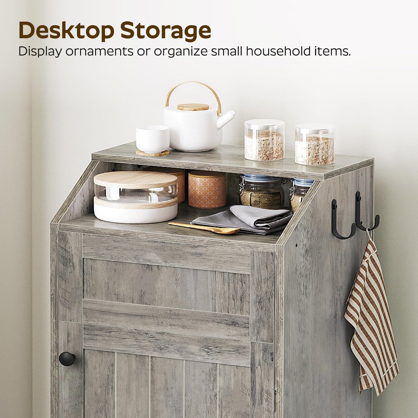 Trash Cabinet, Freestanding Trash Can Cabinet, Wooden Recycling with Flip Door, Hidden Kitchen Garbage Can, 10 Gallon Laundry, for Kitchen, Laundry, Greige WB01BG