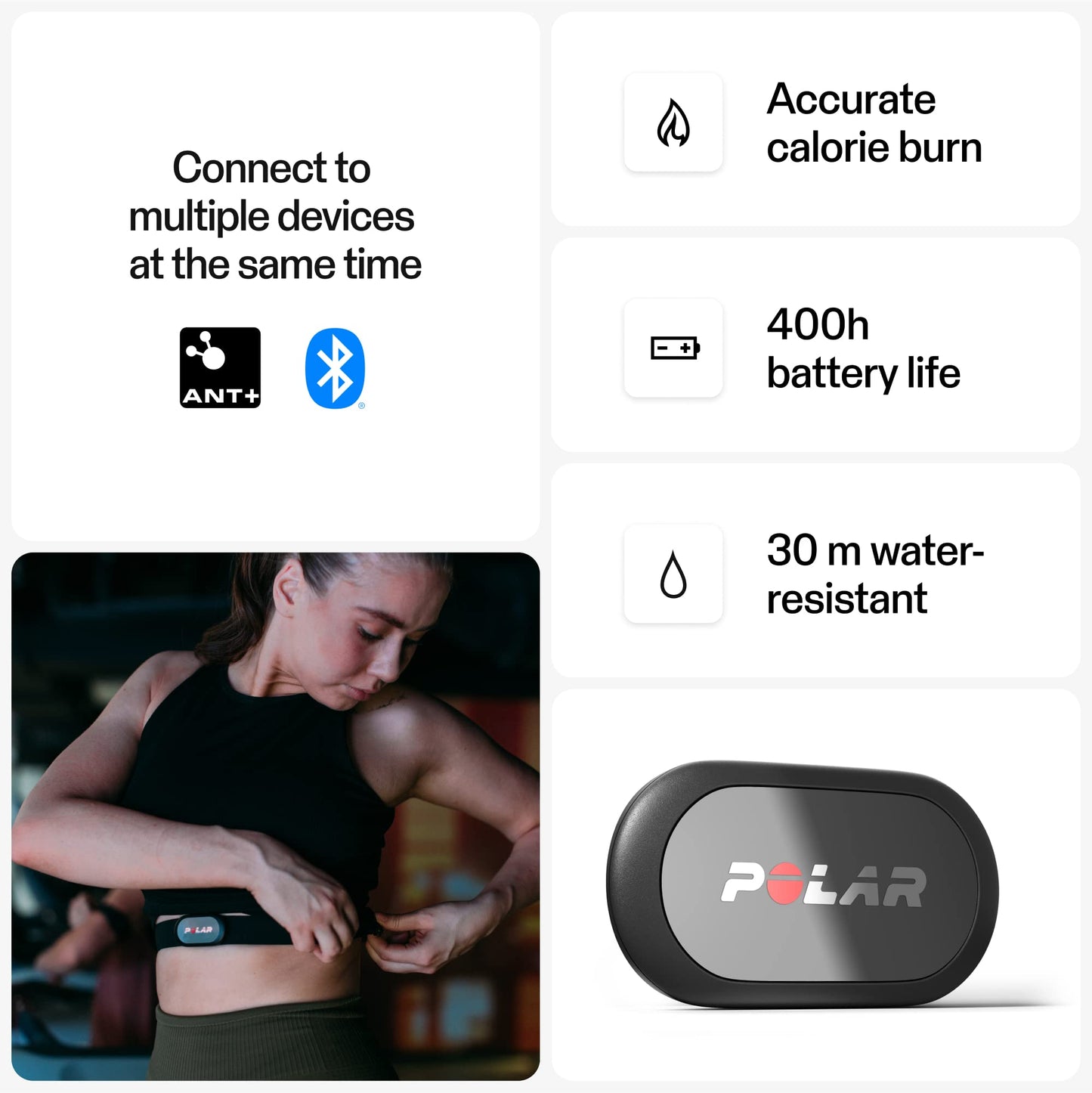 Polar H9 Heart Rate Sensor – ANT + / Bluetooth - Waterproof HR Monitor with Soft Chest Strap, M-XXL