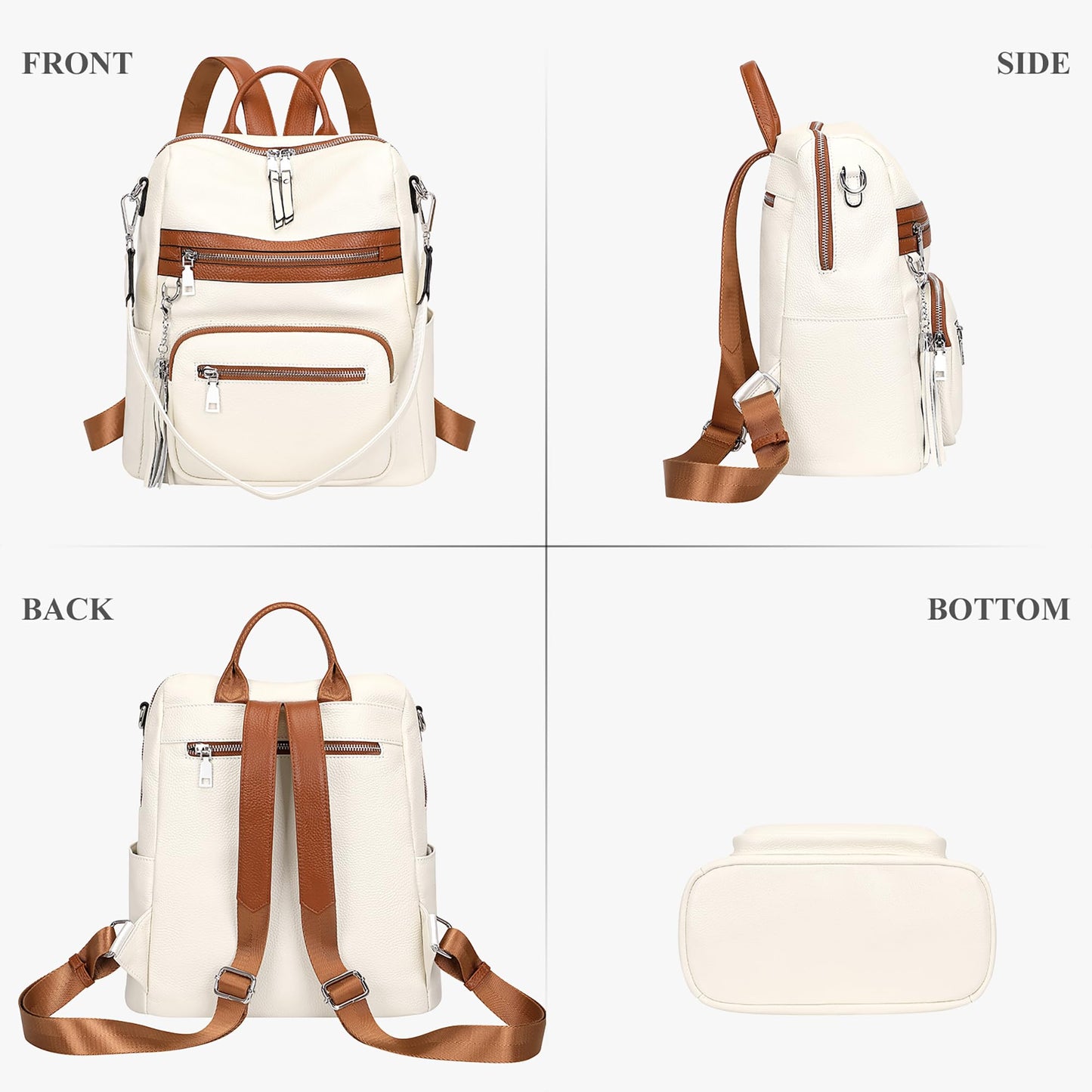 ALTOSY Genuine Leather Backpack Purse for Women Large Shoulder Bag With Laptop Compartment Multiple Pockets (S106 Beige/Brown)