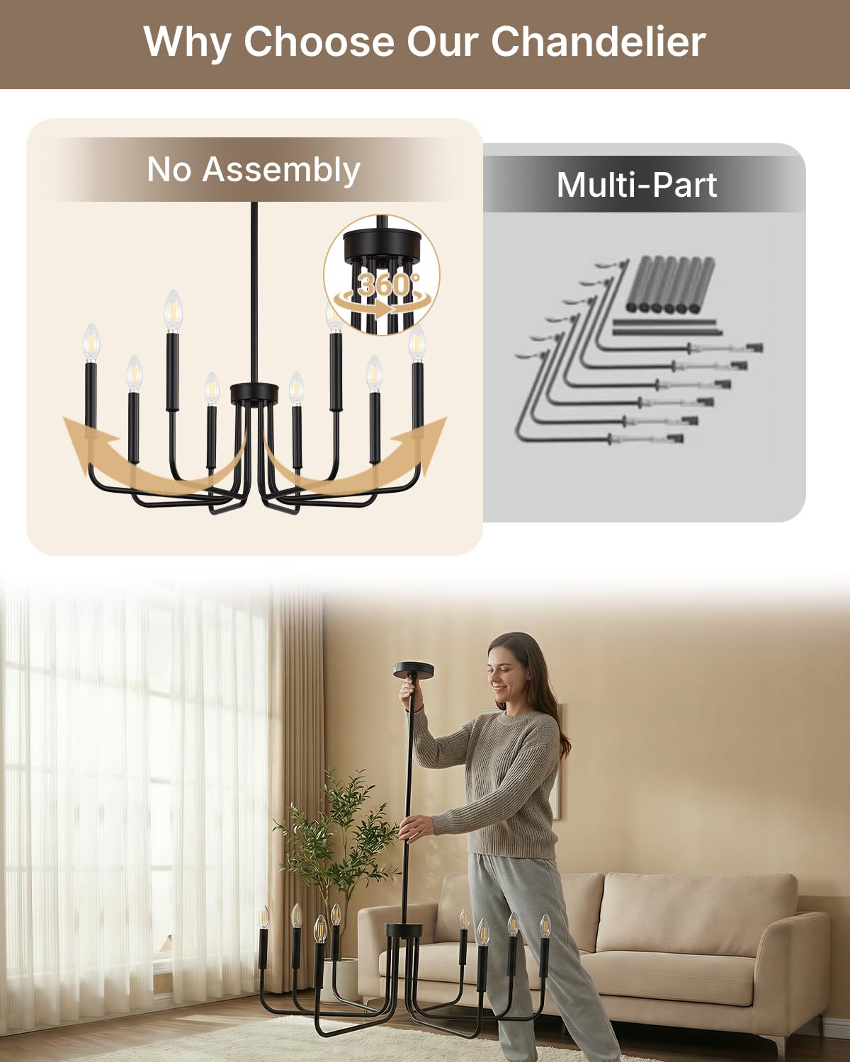 Yunnix 8 Light Black Chandelier, Farmhouse Chandelier for Dining Room Light Fixture Hanging, Industrial Modern Chandelier for Bedroom, Entryway, Foyer, Staircase, Kitchen and Living Room